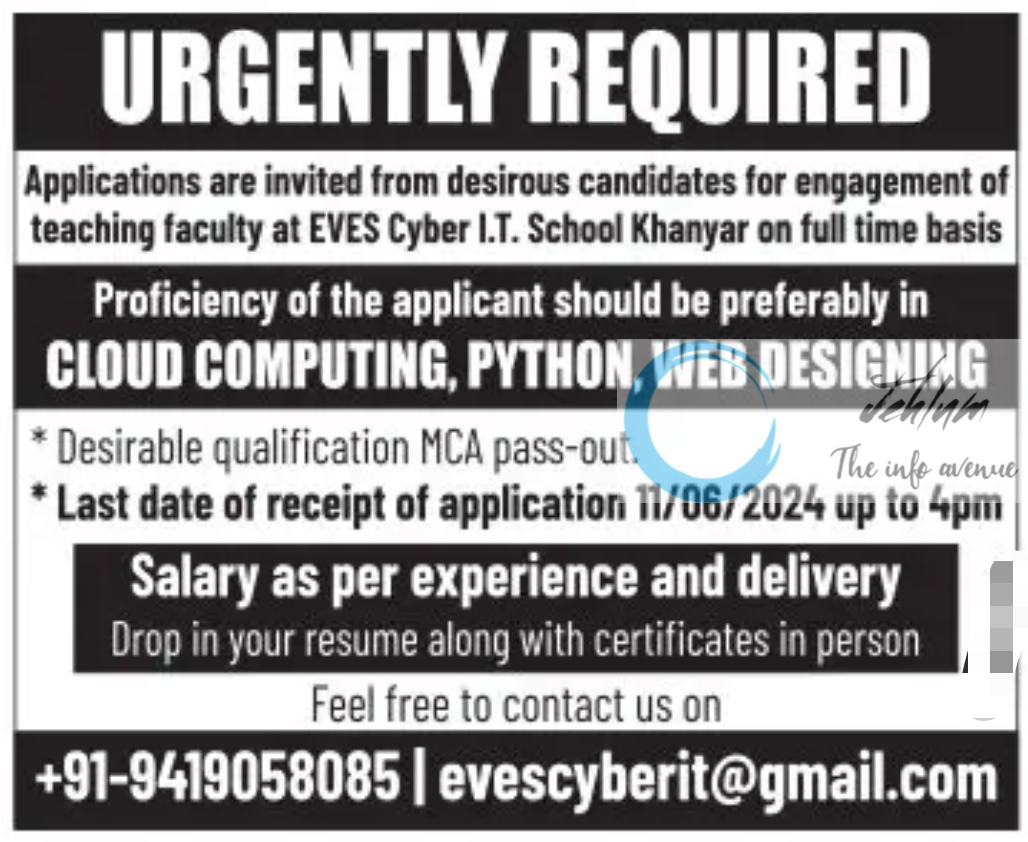 EVES Cyber IT School Srinagar Jobs Vacancy 2024