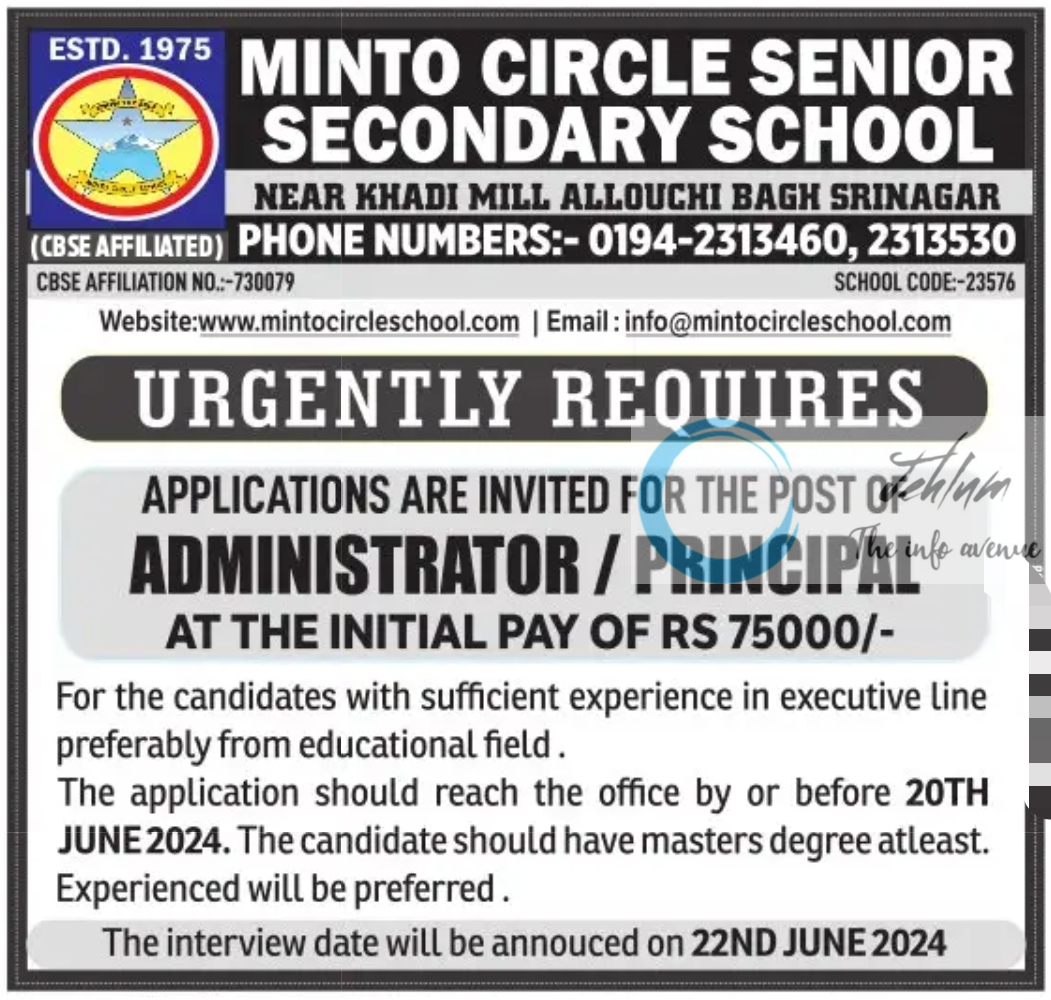 MINTO CIRCLE SENIOR SEC SCHOOL SRINAGAR JOBS OPENING 2024