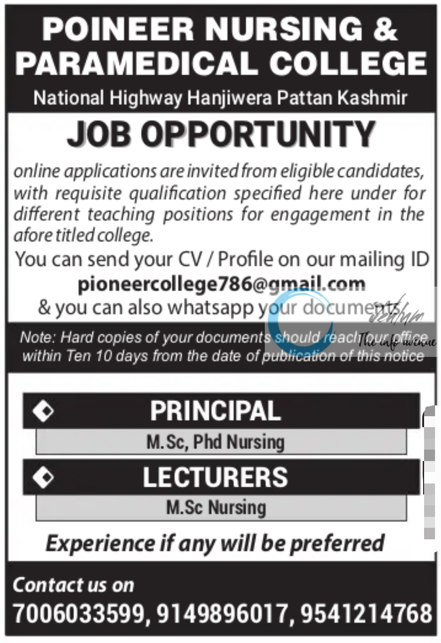 PIONEER NURSING AND PARAMEDICAL COLLEGE PATTAN JOBS OPPORTUNITY 2024