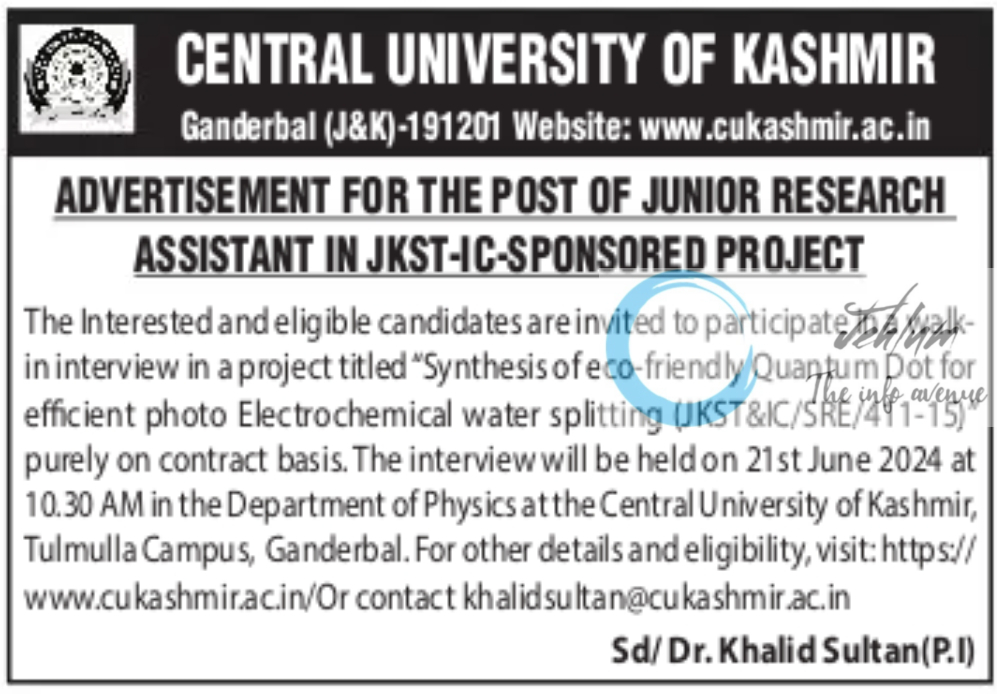 CENTRAL UNIVERSITY OF KASHMIR JUNIOR RESEARCH ASSISTANT ADVERTISEMENT NOTICE 2024