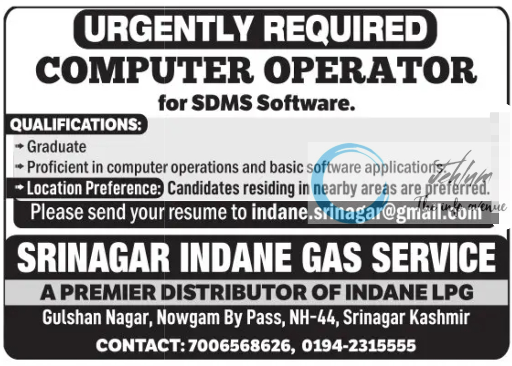 SRINAGAR INDANE GAS SERVICE COMPUTER OPERATOR JOBS 2024