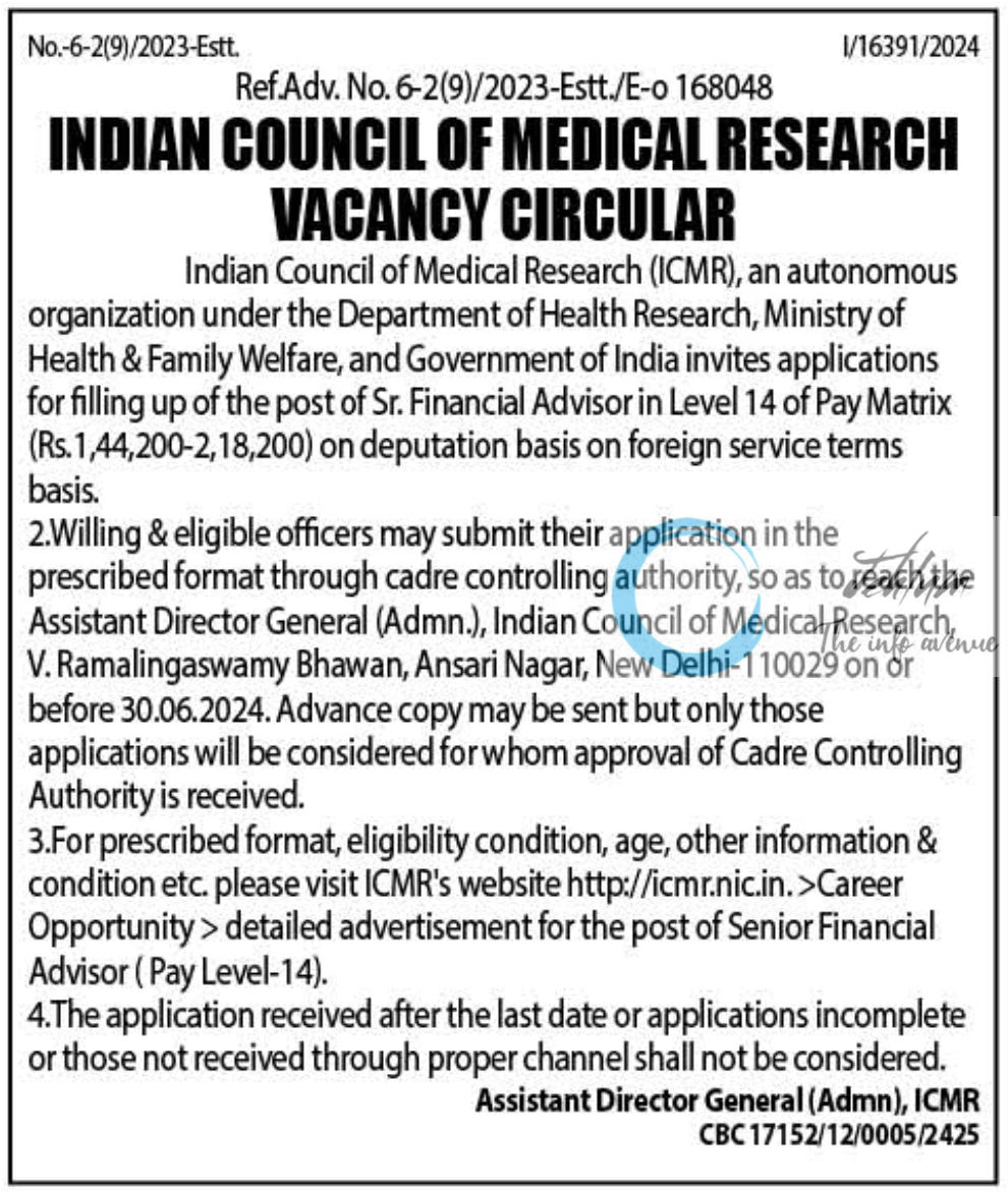 INDIAN COUNCIL OF MEDICAL RESEARCH ICMR VACANCY CIRCULAR 2024