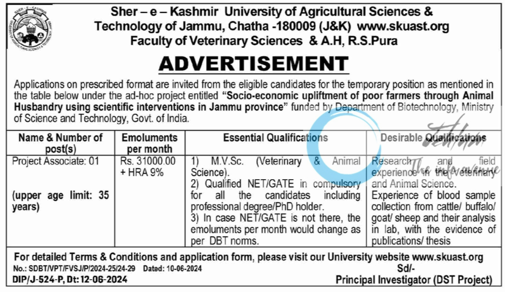 SKUAST Jammu Faculty of Veterinary Sciences Project Associate Notification 2024