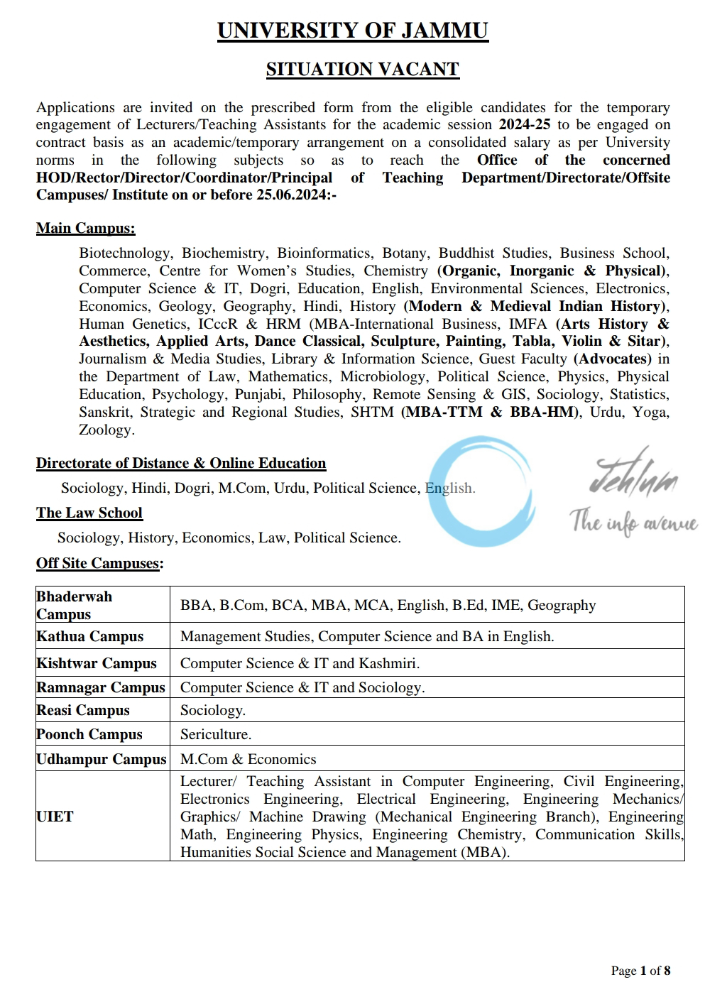 UNIVERSITY OF JAMMU ACADEMIC ARRANGEMENT NOTIFICATION 2024-25