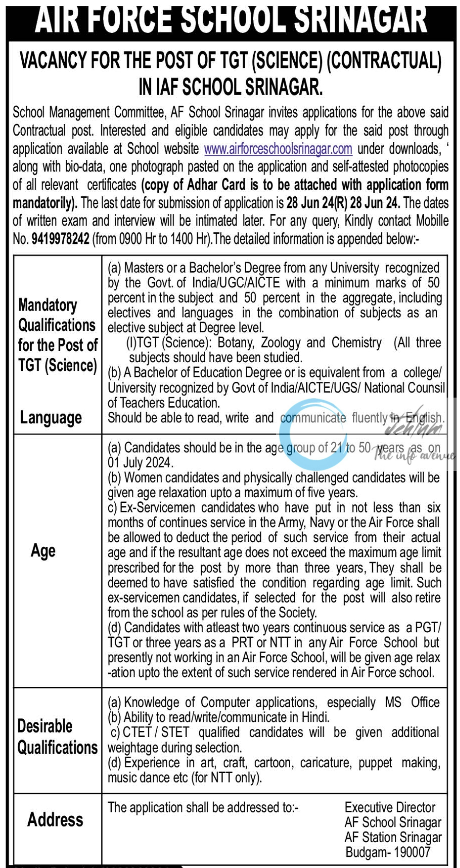 AIR FORCE SCHOOL SRINAGAR JOBS ADVERTISEMENT 2024