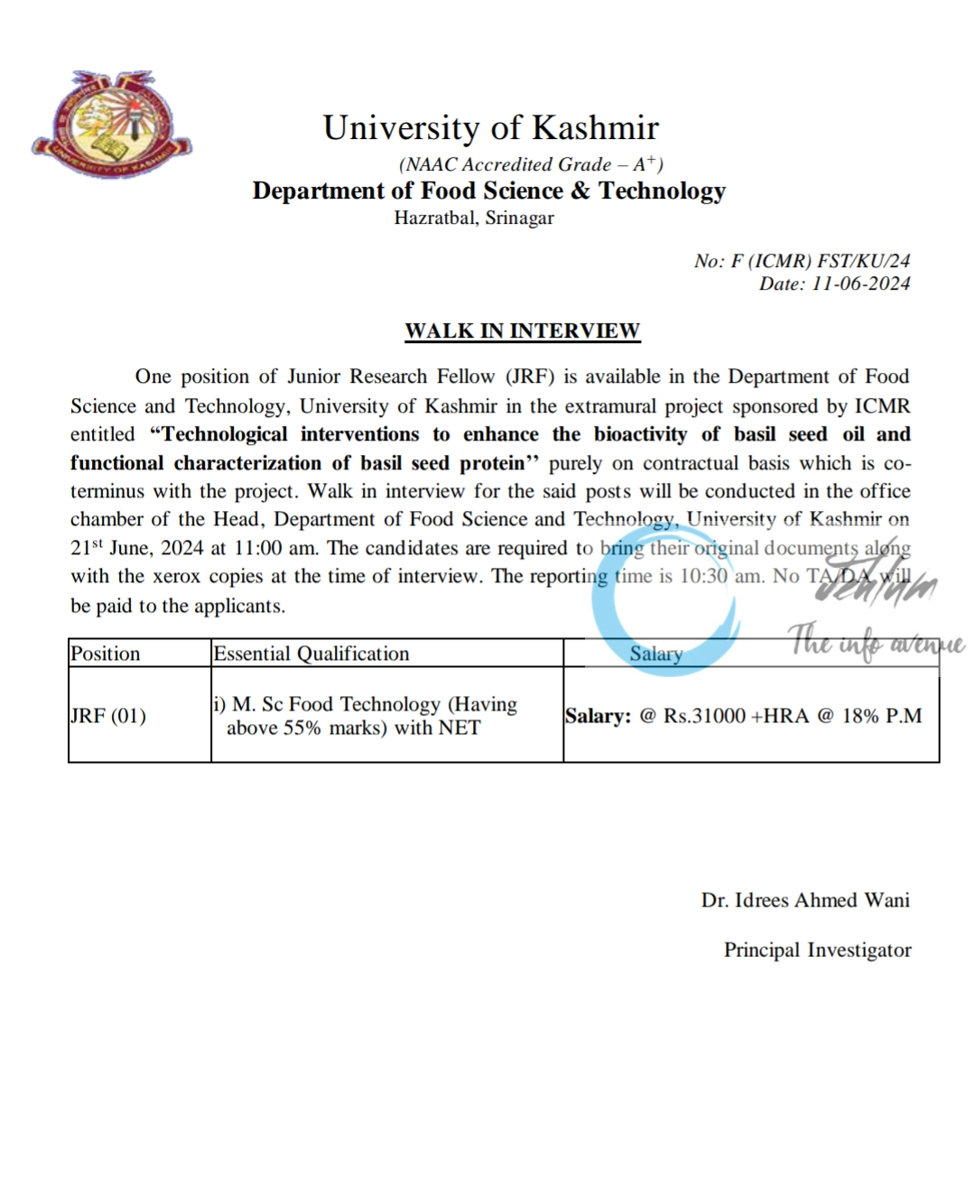 University of Kashmir Deptt of Food Science and Technology Walk-in-Interview 2024