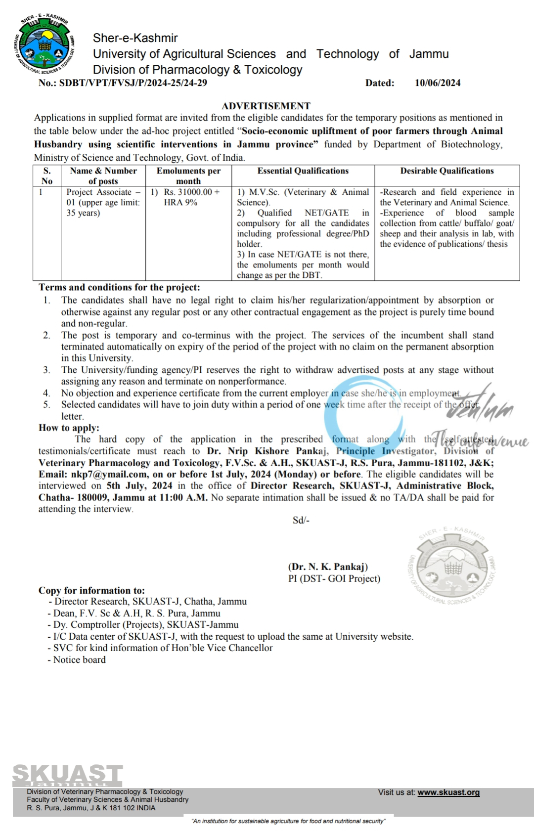 SKUAST Jammu Division of Pharmacology Project Associate 01 Advertisement Notice 2024