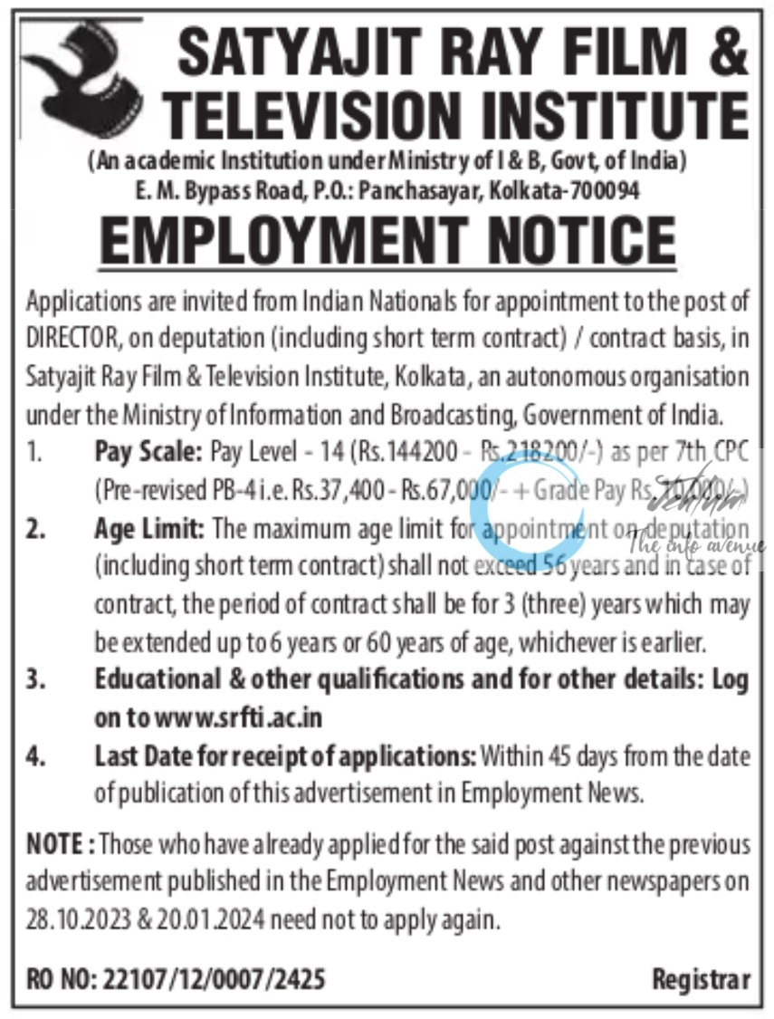 SATYAJIT RAY FILM & TELEVISION INSTITUTE EMPLOYMENT NOTICE 2024