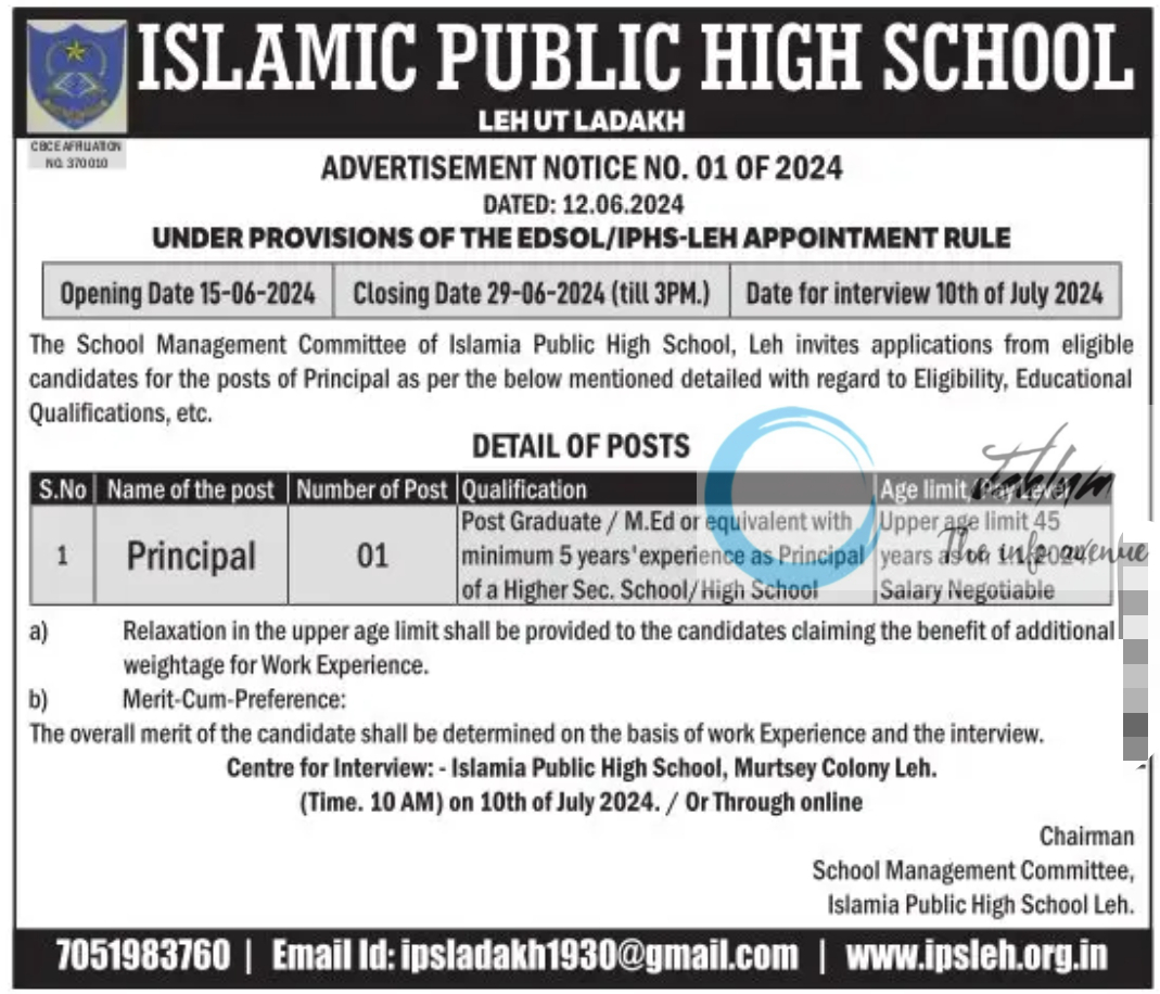 ISLAMIC PUBLIC HIGH SCHOOL LEH JOBS OPENINGS 2024