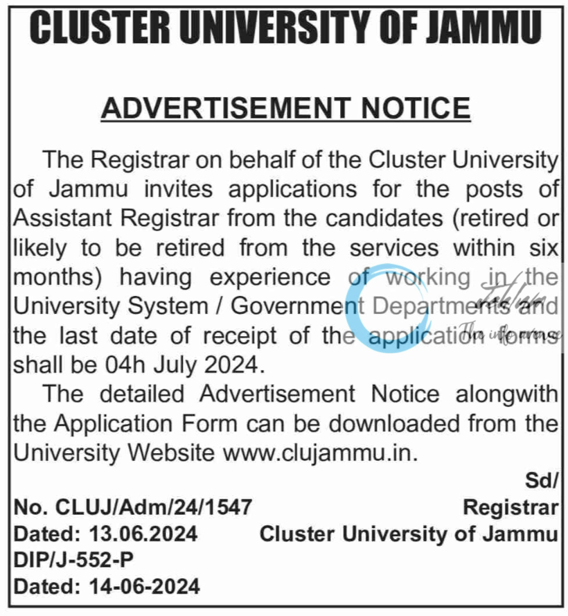 CLUSTER UNIVERSITY OF JAMMU ADVERTISEMENT NOTICE 2024