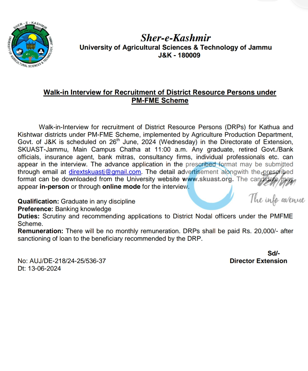 SKUAST Jammu PM-FME District Resource Persons Walk-in-Interview Advertisement Notice 2024