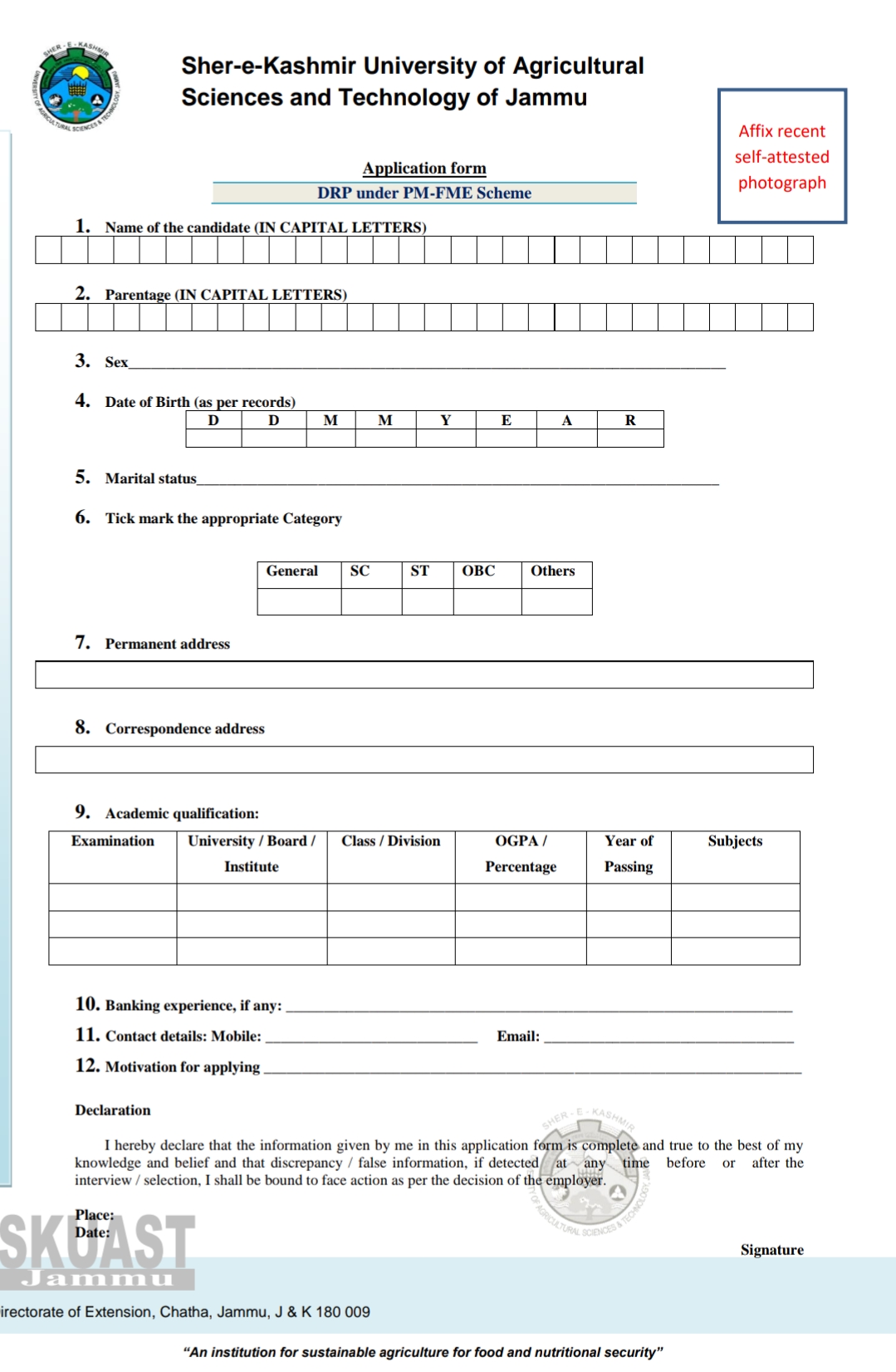 SKUAST Jammu PM-FME District Resource Persons Walk-in-Interview Advertisement Notice 2024