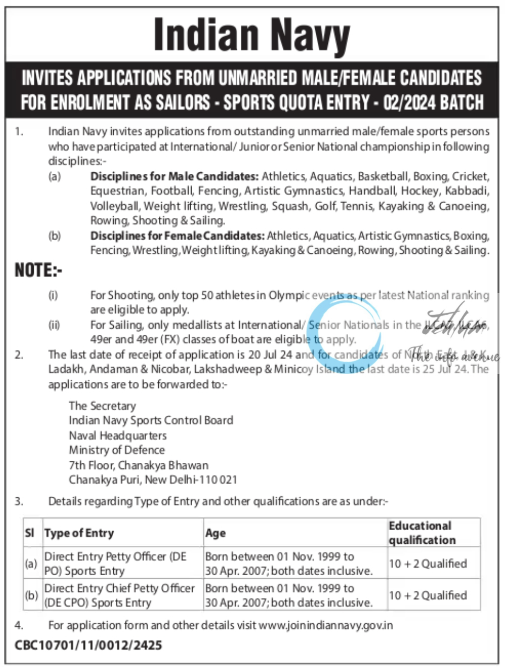 Indian Navy Sports Quota Recruitment Advertisement Notice 2024