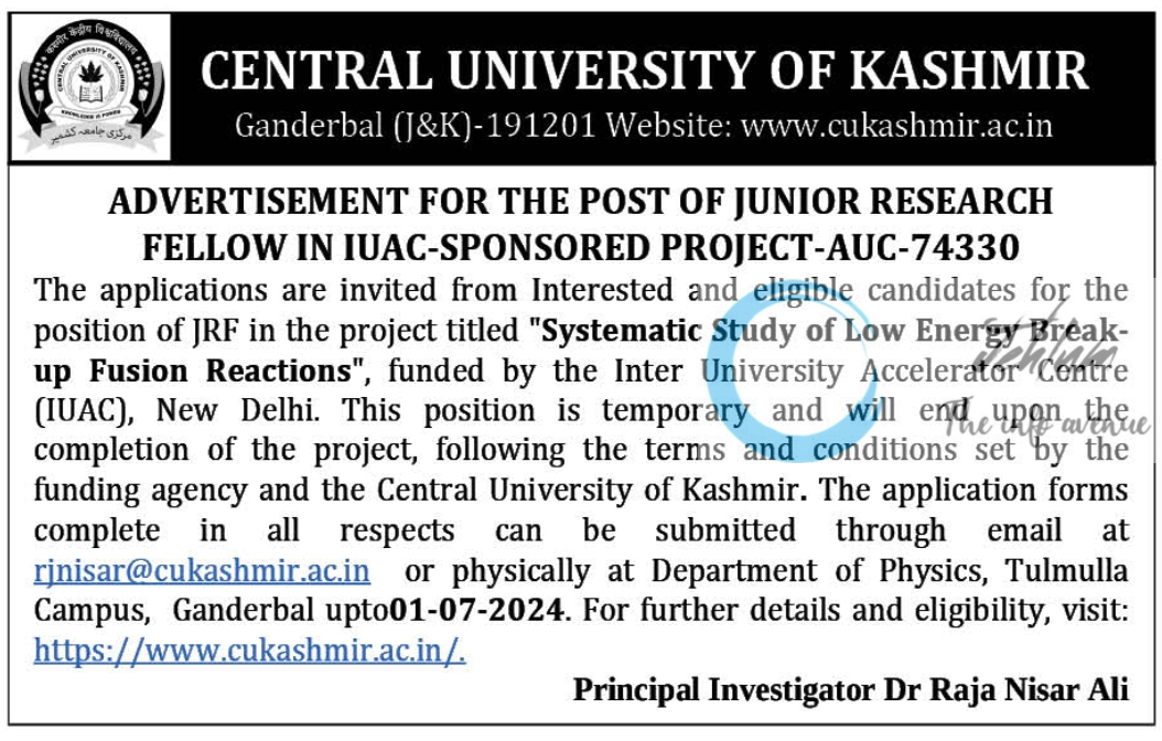 CENTRAL UNIVERSITY OF KASHMIR DEPTT OF PHYSICS JRF ADVERTISEMENT NOTICE 2024