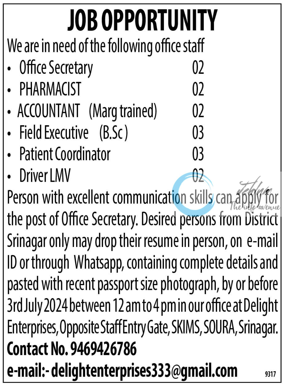 Delight Enterprises Srinagar Jobs 2024
