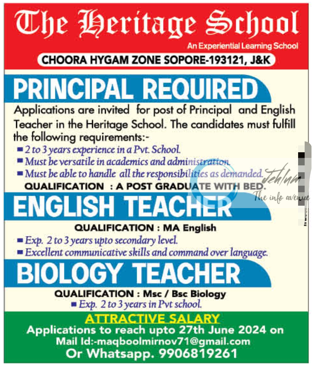 The Heritage School Sopore Jobs Vacancy 2024