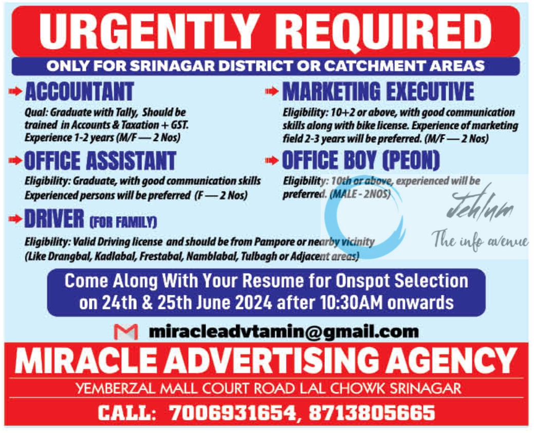 MIRACLE ADVERTISING AGENCY SRINAGAR JOBS 2024