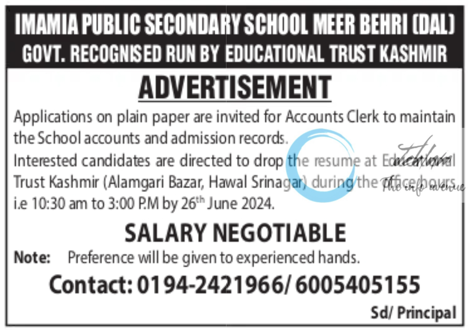 IMAMIA PUBLIC SEC SCHOOL SRINAGAR JOBS 2024