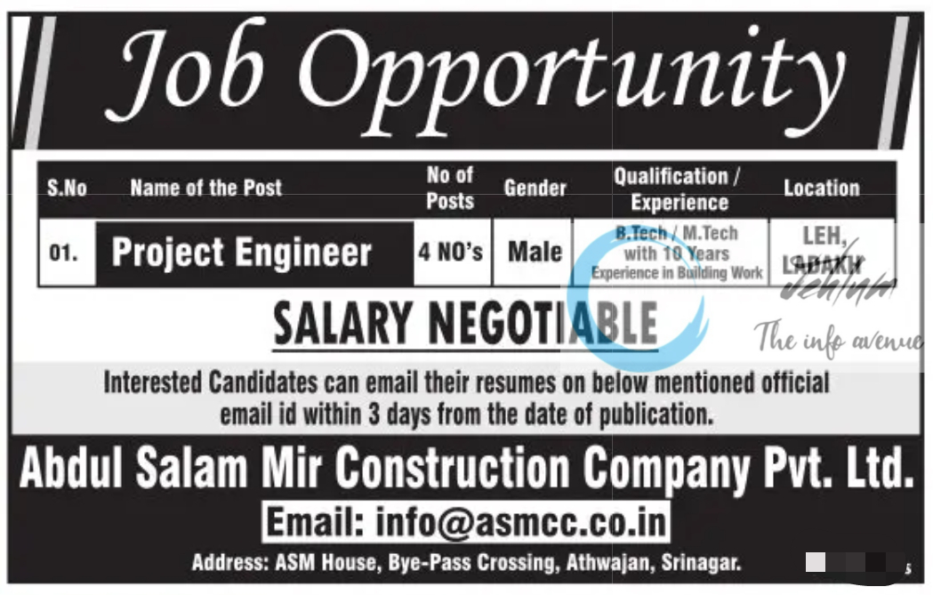 Abdul Salam Mir Construction Company Project Engineer Jobs Vacancy 2024