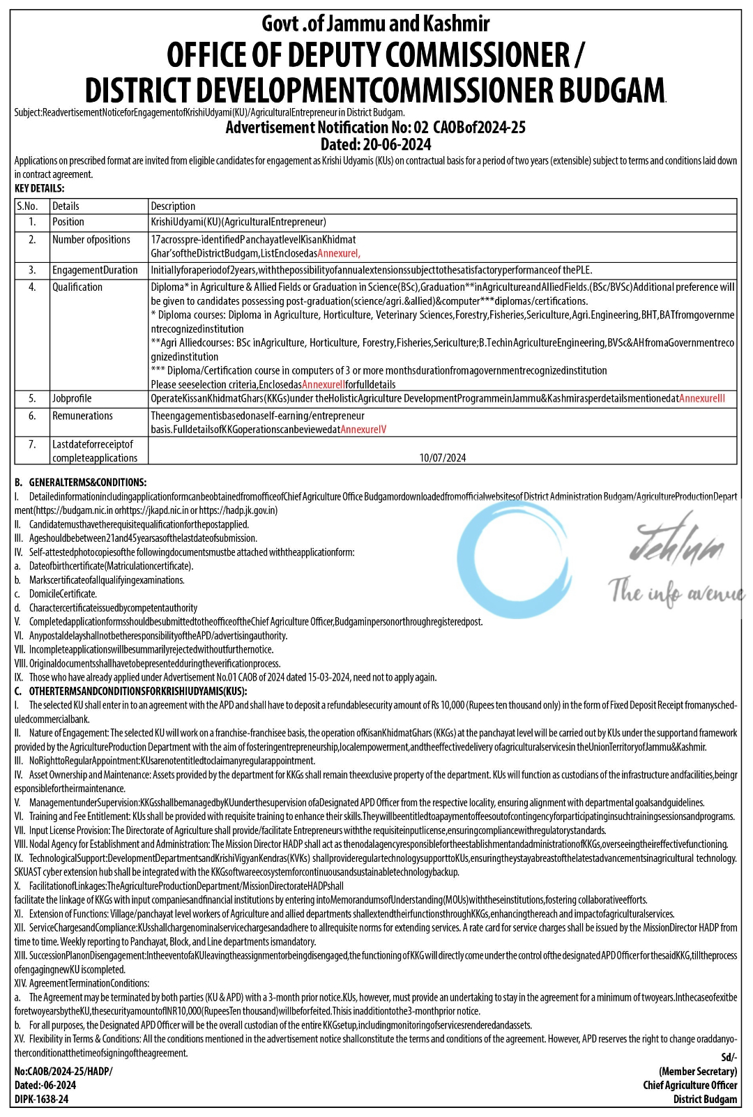 DC OFFICE BUDGAM Krishi Udyami Recruitment Advertisement Notification No 02 of 2024-25