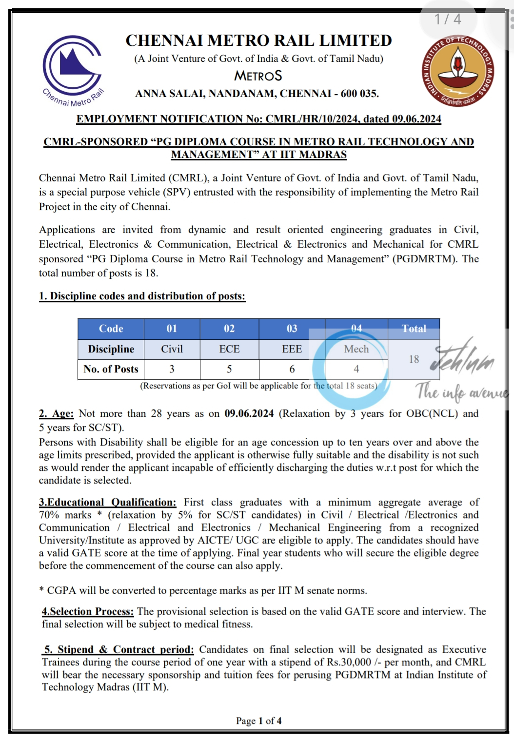 CHENNAI METRO RAIL LIMITED CMRL EMPLOYMENT NOTIFICATION NO 10 OF 2024