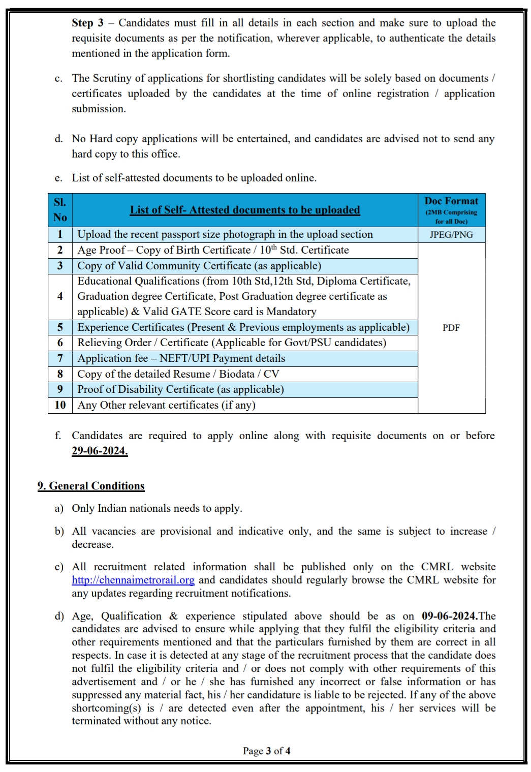 CHENNAI METRO RAIL LIMITED CMRL EMPLOYMENT NOTIFICATION NO 10 OF 2024