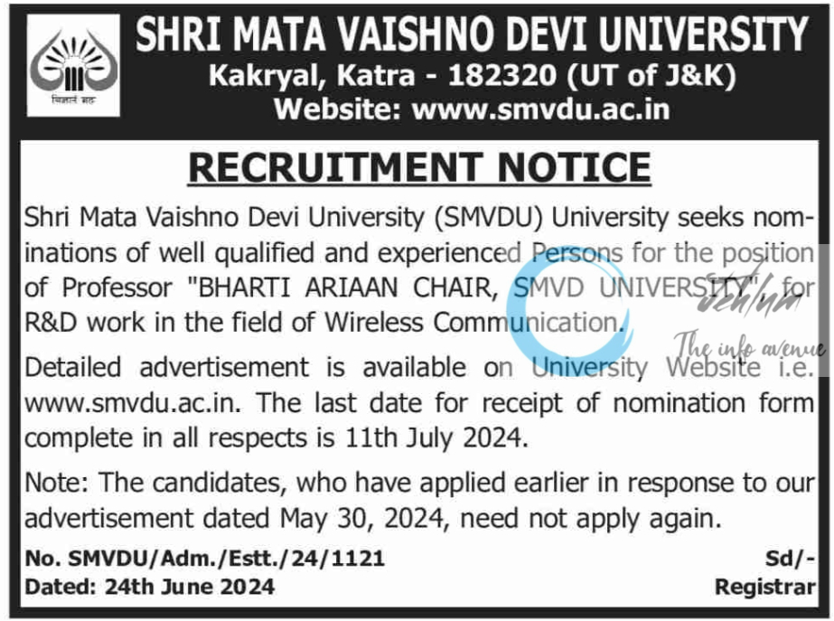 SHRI MATA VAISHNO DEVI UNIVERSITY SMVDU KATRA RECRUITMENT NOTICE 2024