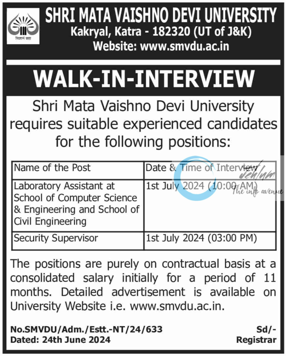 SHRI MATA VAISHNO DEVI UNIVERSITY SMVDU KATRA WALK-IN-INTERVIEW NOTIFICATION 2024