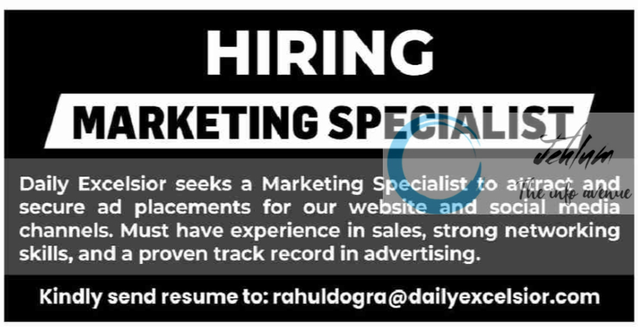 Daily Excelsior Jammu Hiring Marketing Specialist 2024