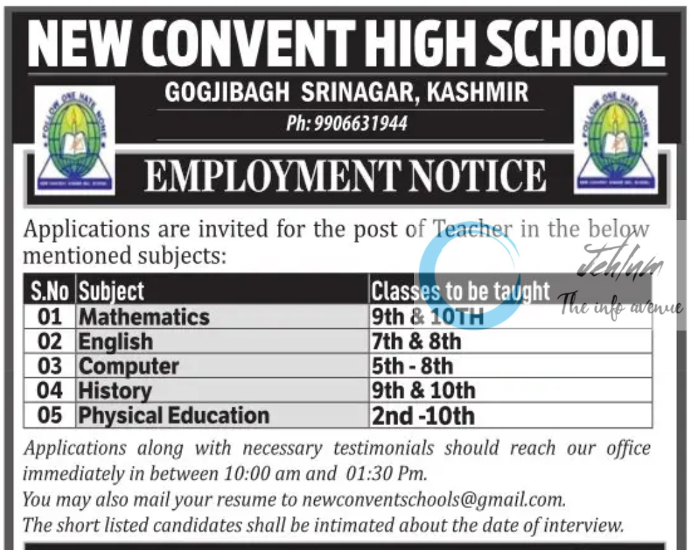 NEW CONVENT HIGH SCHOOL SRINAGAR EMPLOYMENT NOTICE 2024