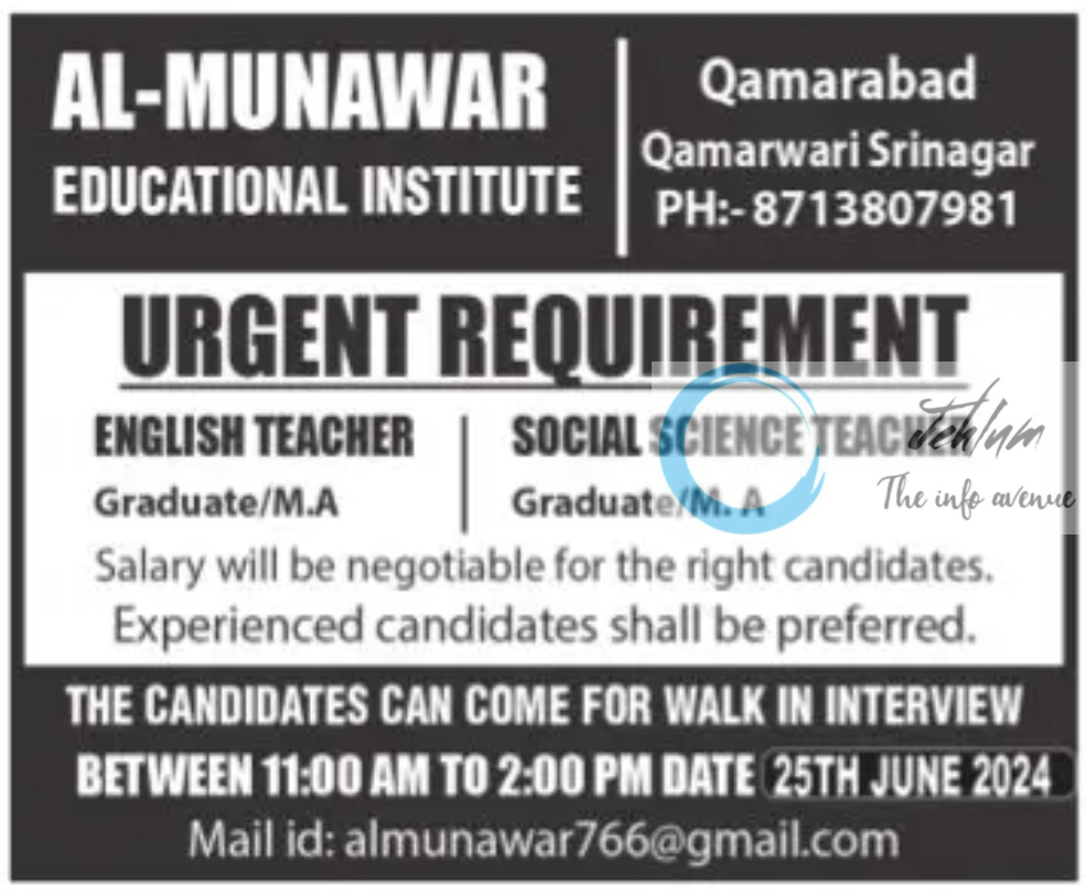 AL-MUNAWAR EDUCATIONAL INSTITUTE SRINAGAR JOBS 2024