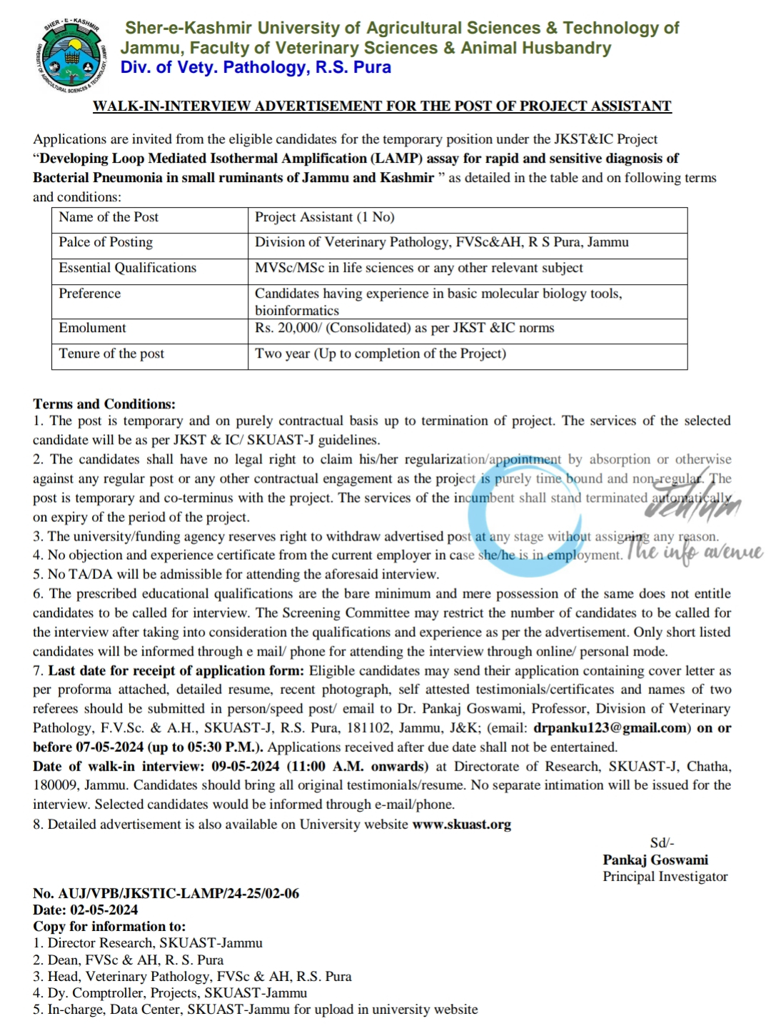 SKUAST Jammu Faculty of Veterinary Sciences & Animal Husbandry Div of Vety Pathology Walk-in-Interview Advertisement 2024