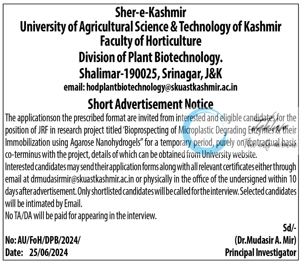 SKUAST Kashmir Faculty of Horticulture Division of Plant Biotechnology JRF Advertisement 2024