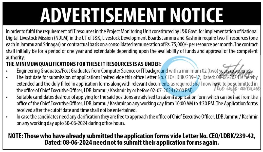 Livestock Development Boards Jammu and Kashmir NDLM Project Monitoring Unit Advertisement Notice 2024