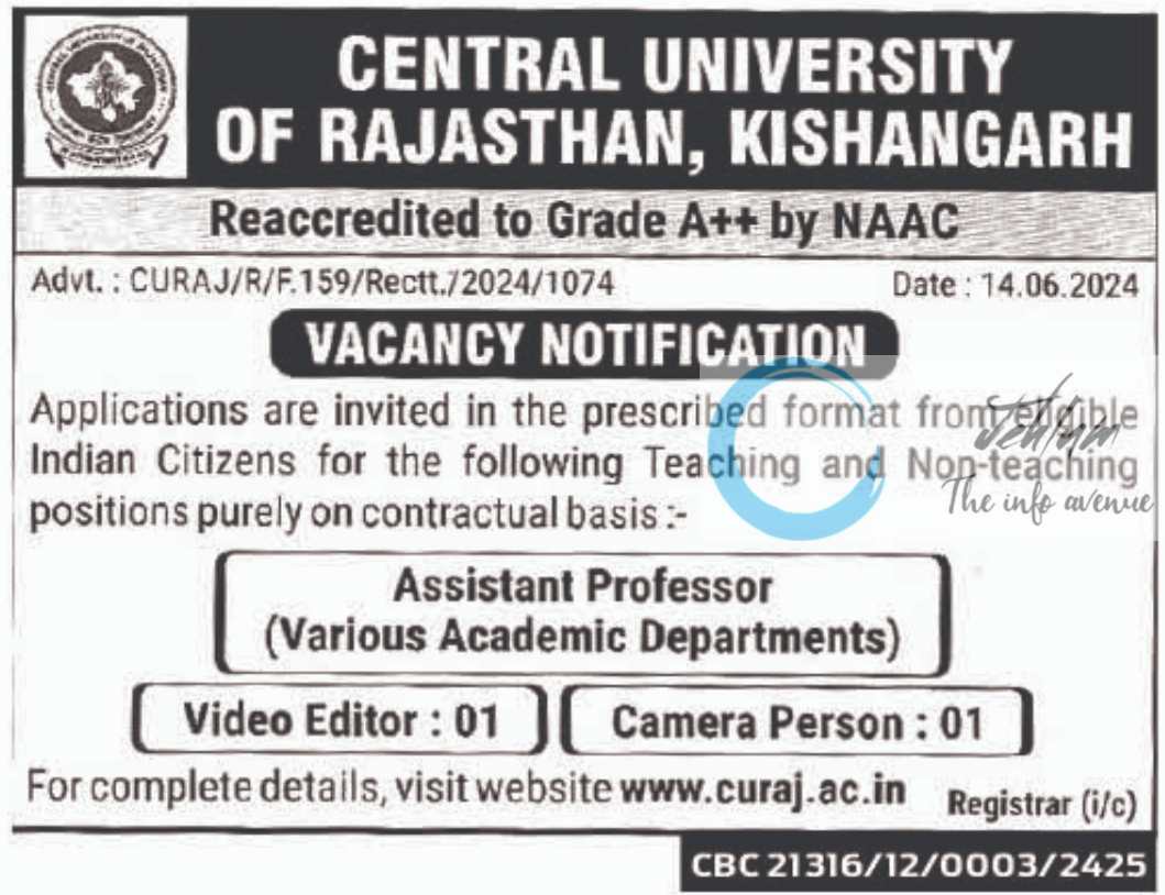 CENTRAL UNIVERSITY OF RAJASTHAN VACANCY NOTIFICATION 2024
