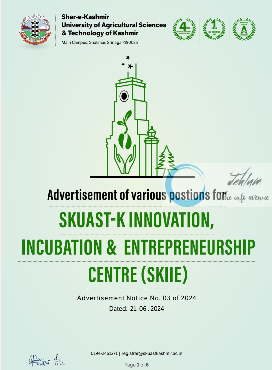 SKUAST Kashmir Innovation Incubation & Entrepreneurship Centre SKIIE Advt No 03 of 2024