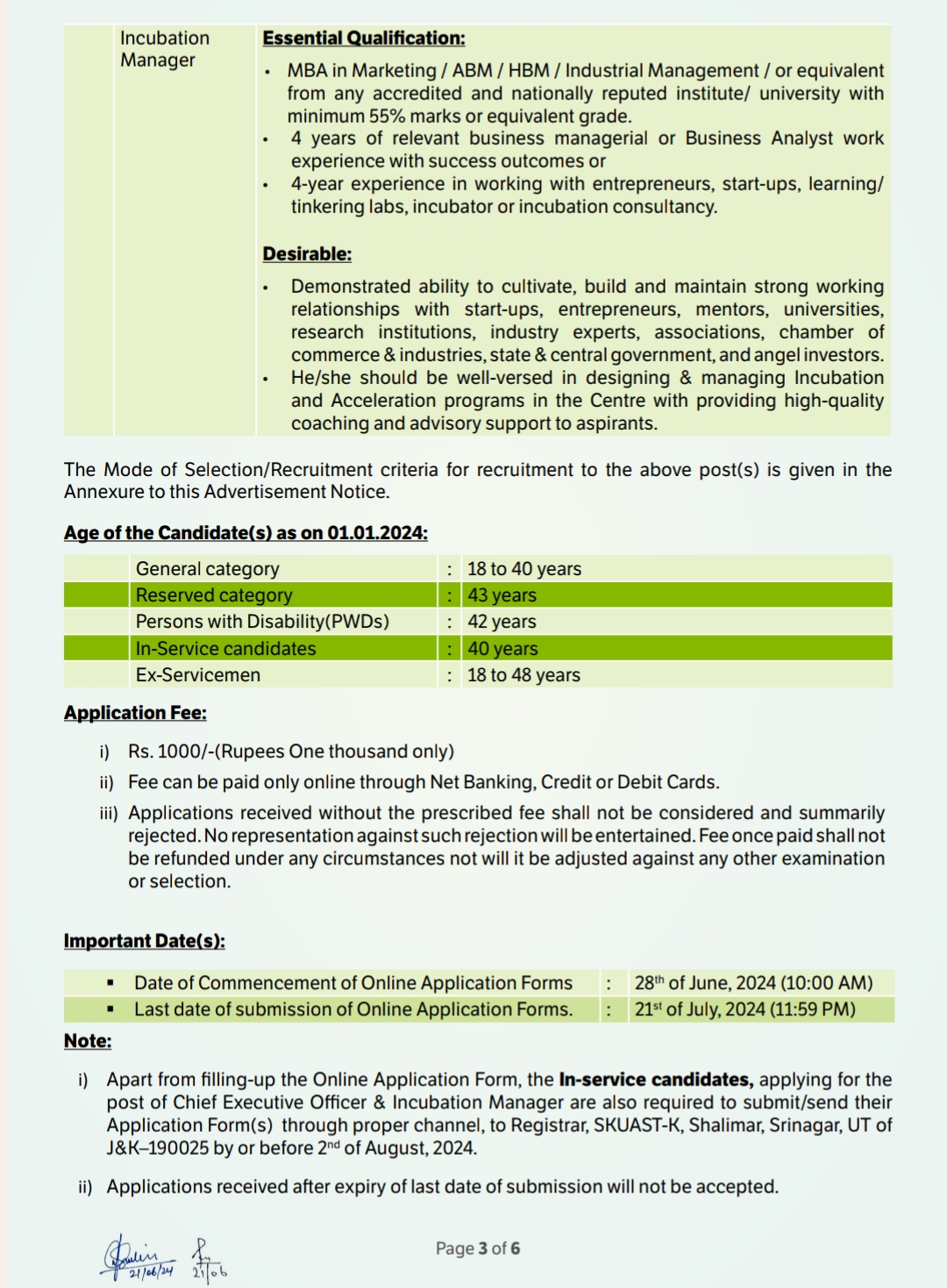 SKUAST Kashmir Innovation Incubation & Entrepreneurship Centre SKIIE Advt No 03 of 2024