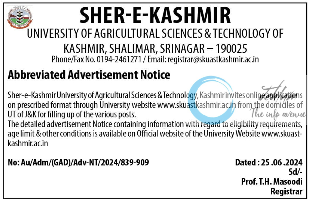 SKUAST Kashmir Non-Teaching Posts Abbreviated Advertisement Notice 2024