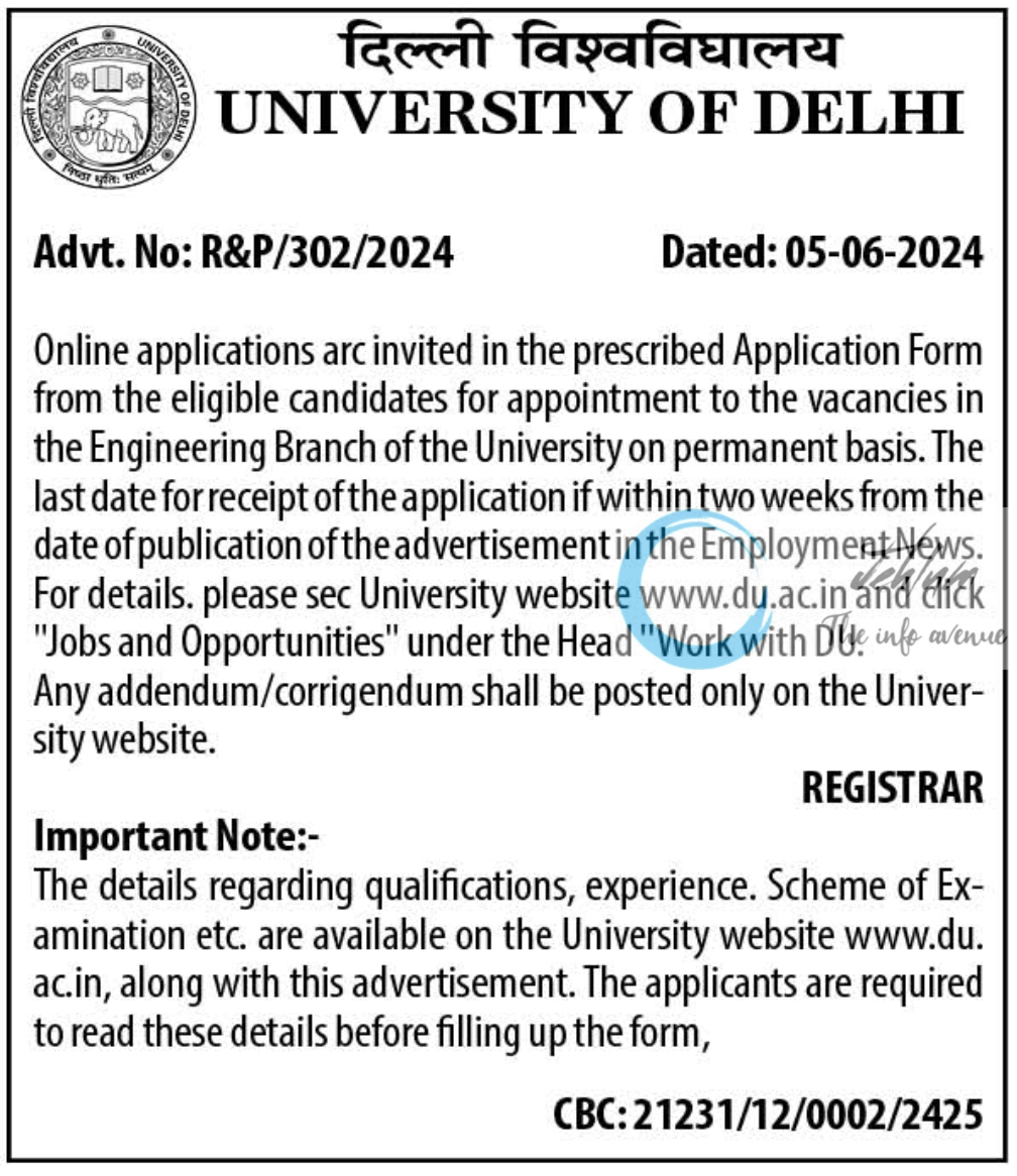 UNIVERSITY OF DELHI Engineering Branch Jobs Advertisement 2024