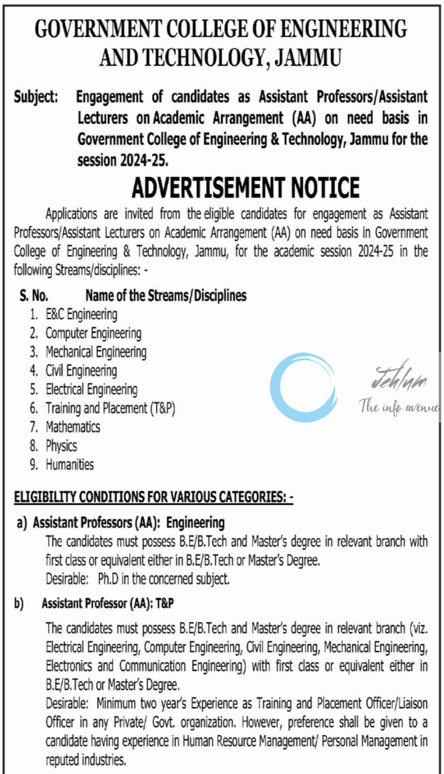 GCET JAMMU ACADEMIC ARRANGEMENT ADVERTISEMENT NOTICE 2024