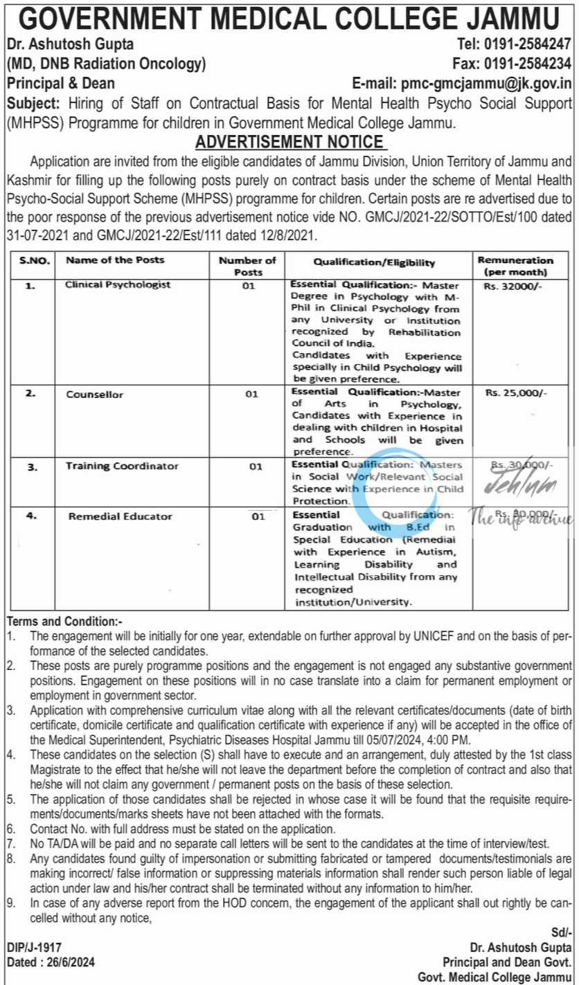 GMC JAMMU MHPSS ADVERTISEMENT NOTICE 2024