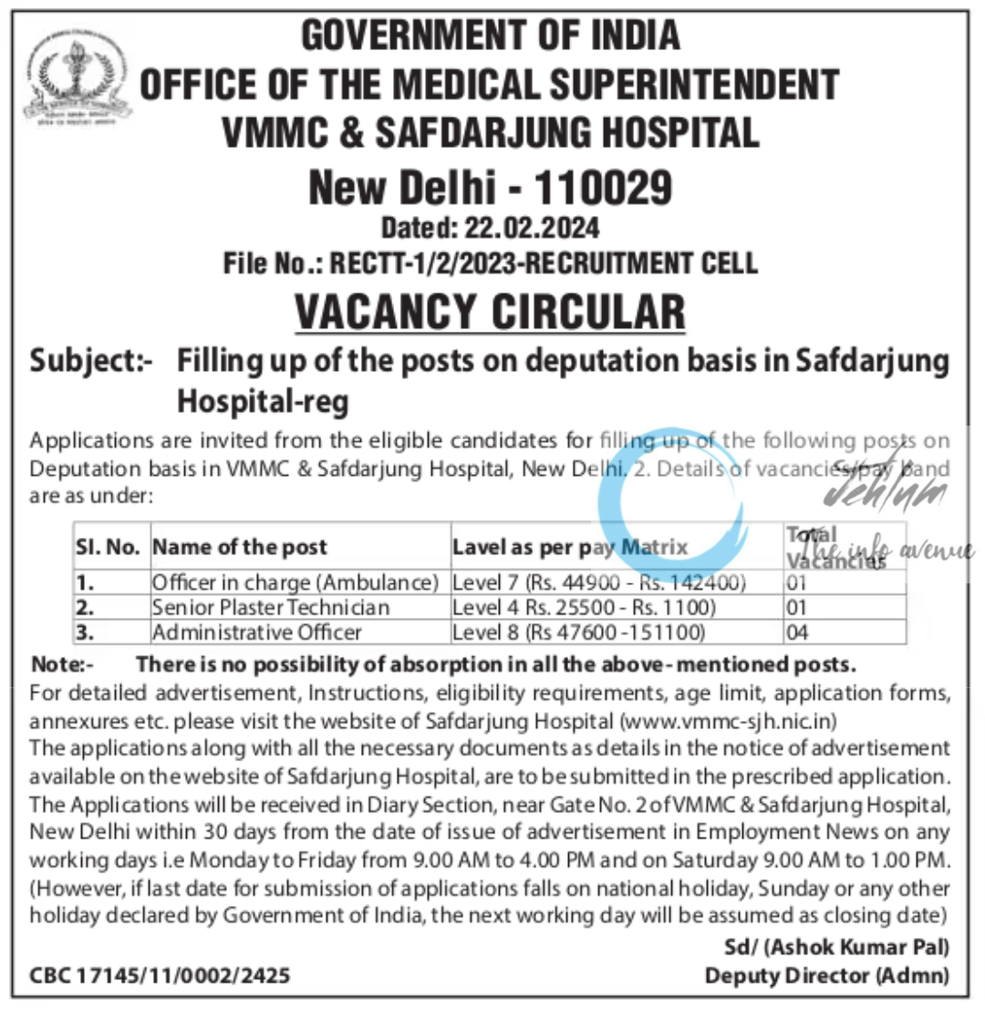 VMMC & SAFDARJUNG HOSPITAL VACANCY CIRCULAR 2024