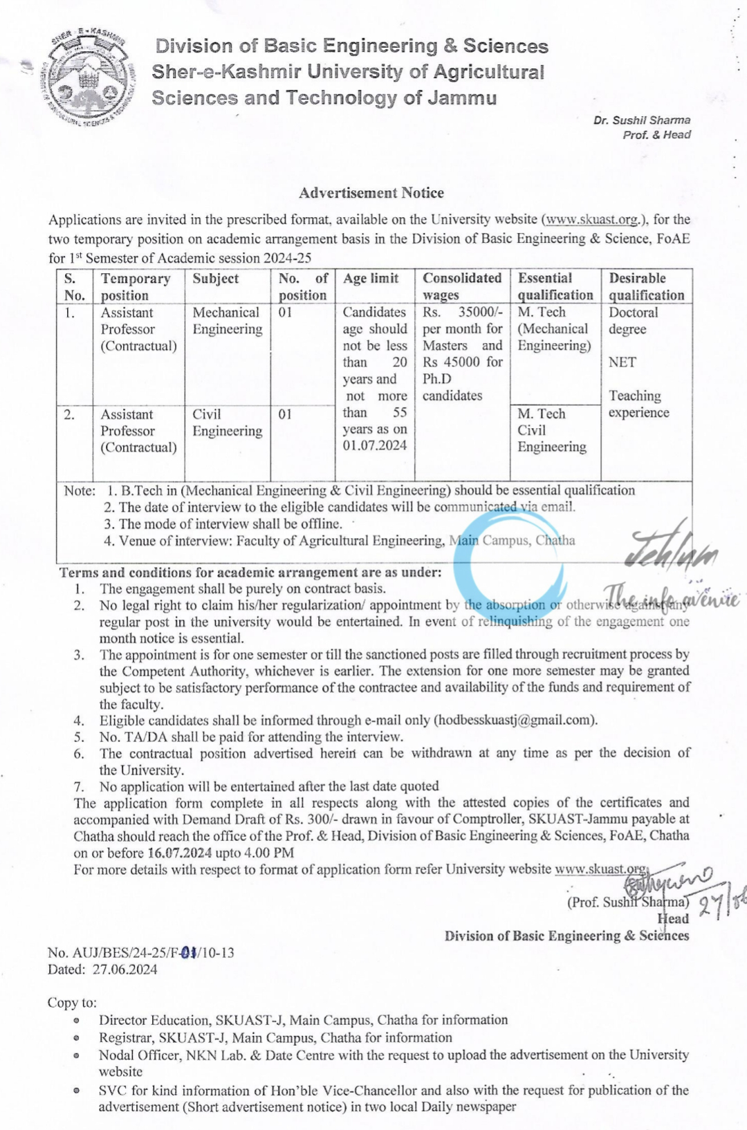 SKUAST Jammu Division of Basic Engineering & Sciences Advertisement Notice 2024