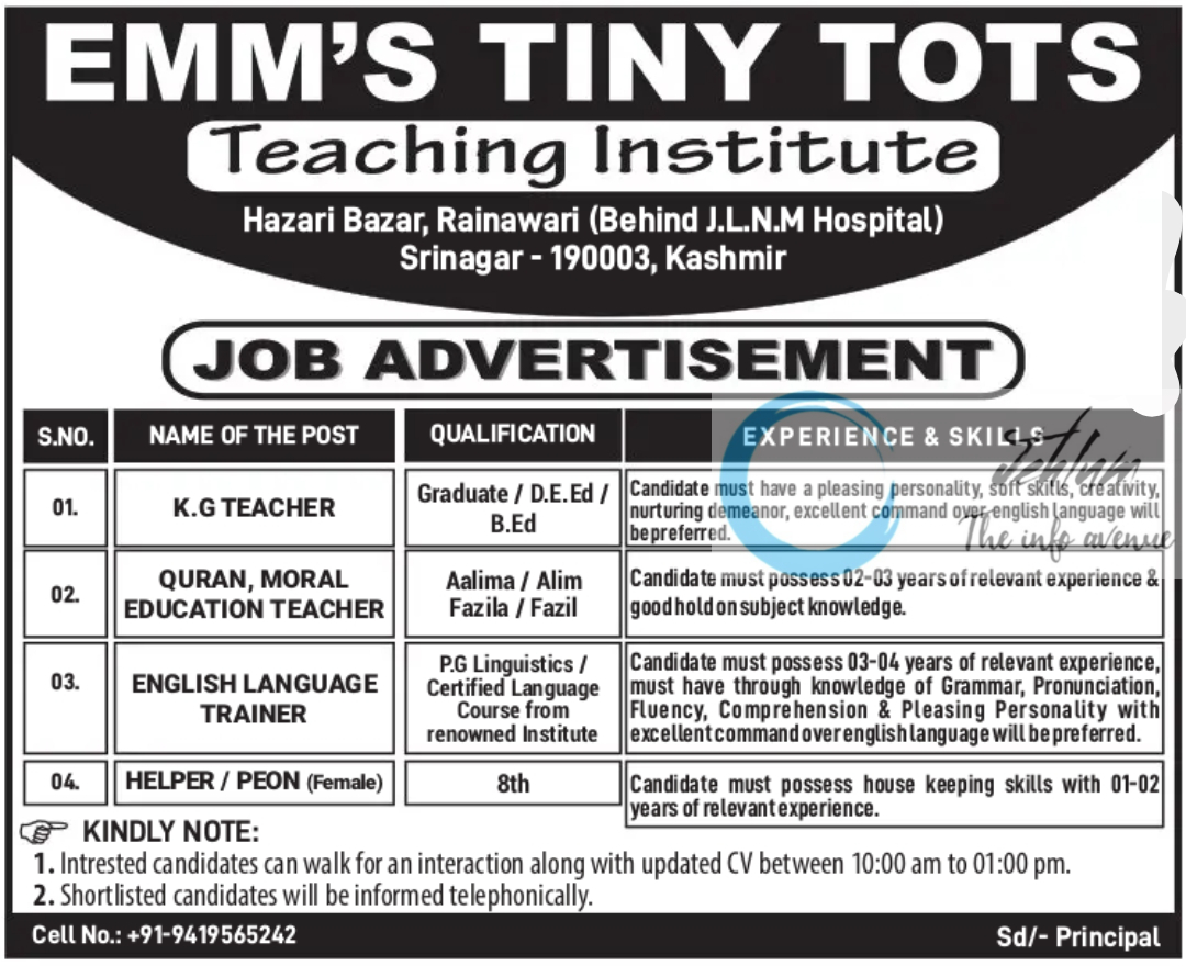 EMM'S TINY TOTS SCHOOL SRINAGAR JOBS 2024