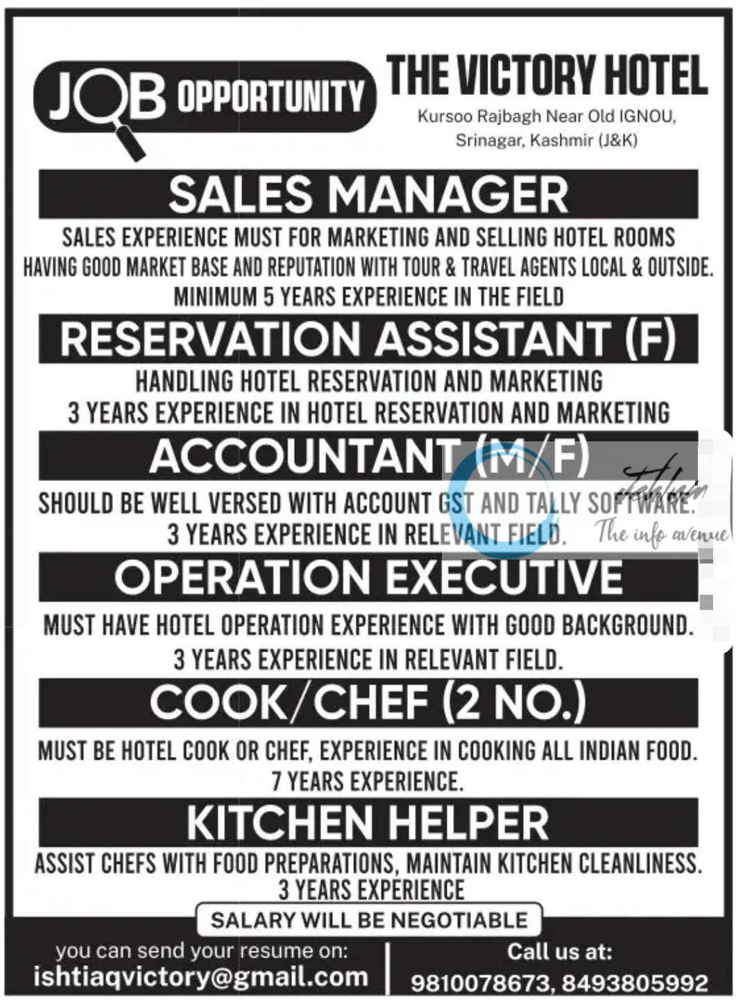 THE VICTORY HOTEL SRINAGAR JOBS OPPORTUNITY 2024