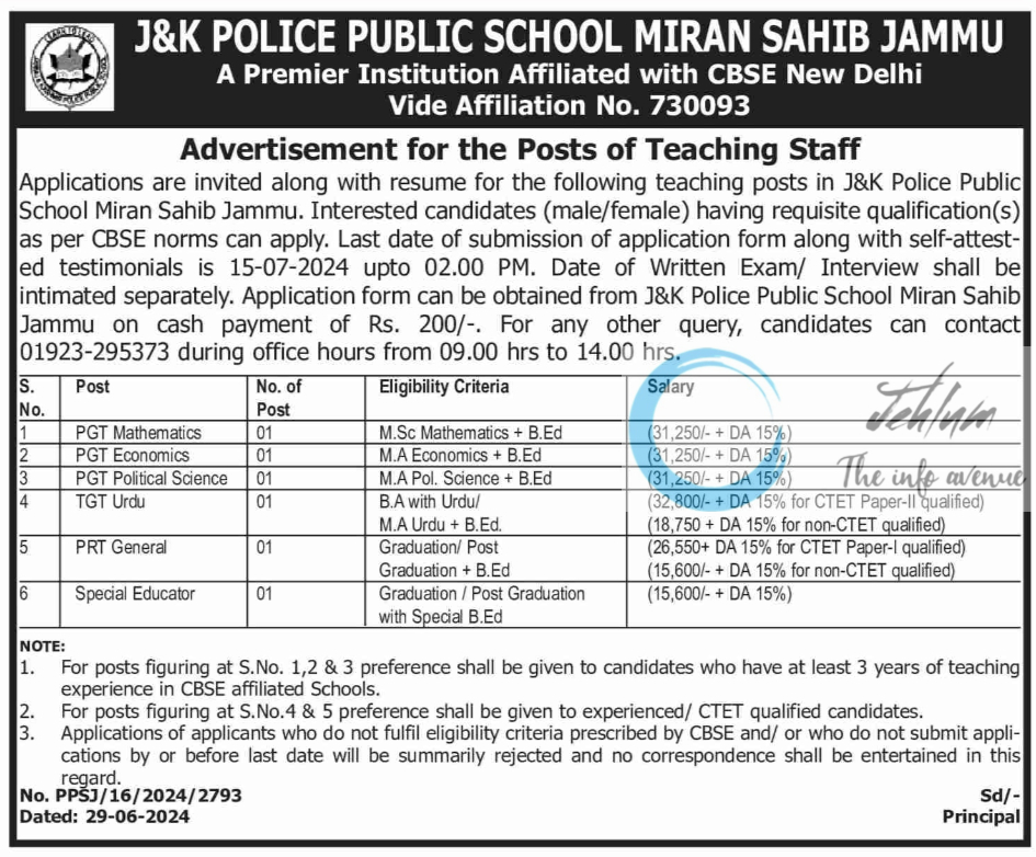 J&K POLICE PUBLIC SCHOOL MIRAN SAHIB TEACHING JOBS ADVERTISEMENT 2024