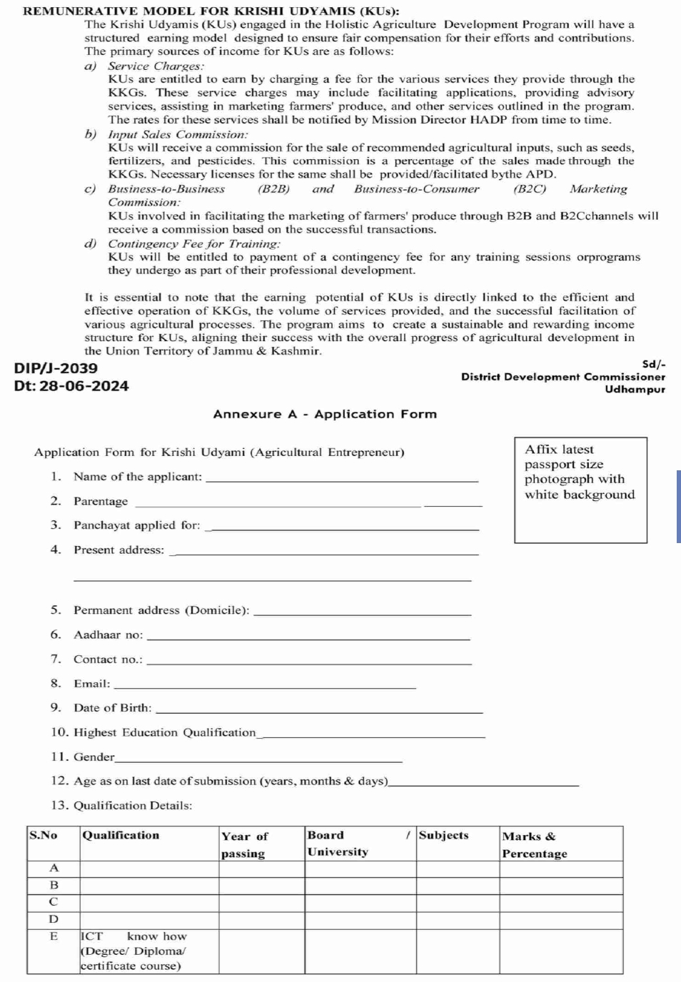 DC OFFICE UDHAMPUR Krishi Udyamis KUs Recruitment Advertisement Notice 2024