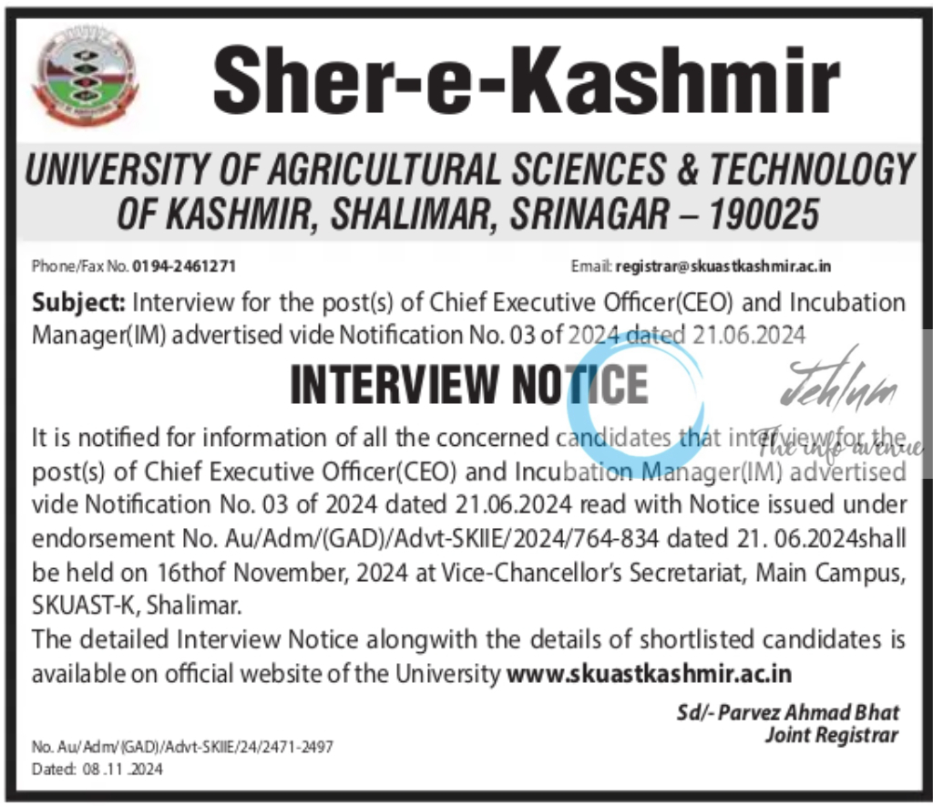 SKUAST Kashmir Innovation Incubation & Entrepreneurship Centre SKIIE Advt No 03 of 2024 - interview notice