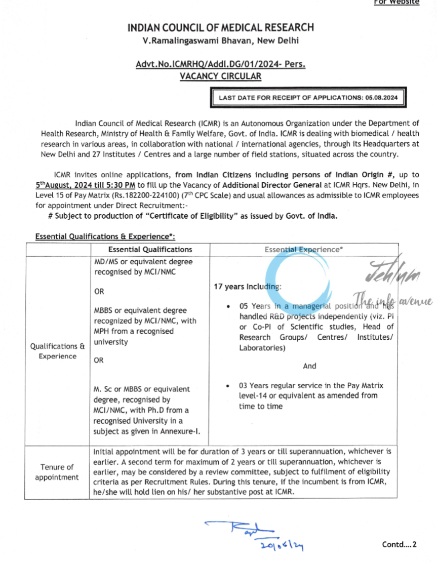 INDIAN COUNCIL OF MEDICAL RESEARCH ICMR VACANCY CIRCULAR 2024