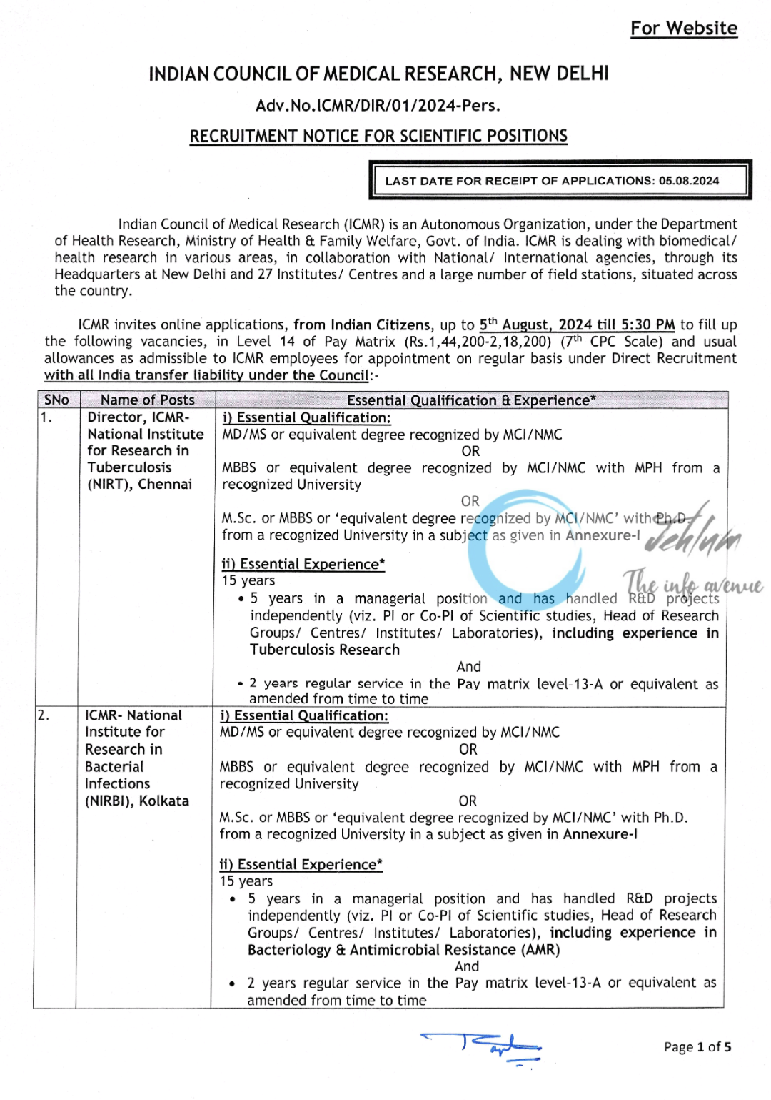 ICMR RECRUITMENT NOTICE FOR SCIENTIFIC POSITIONS ADVT NO ICMR-DIR-01 OF 2024